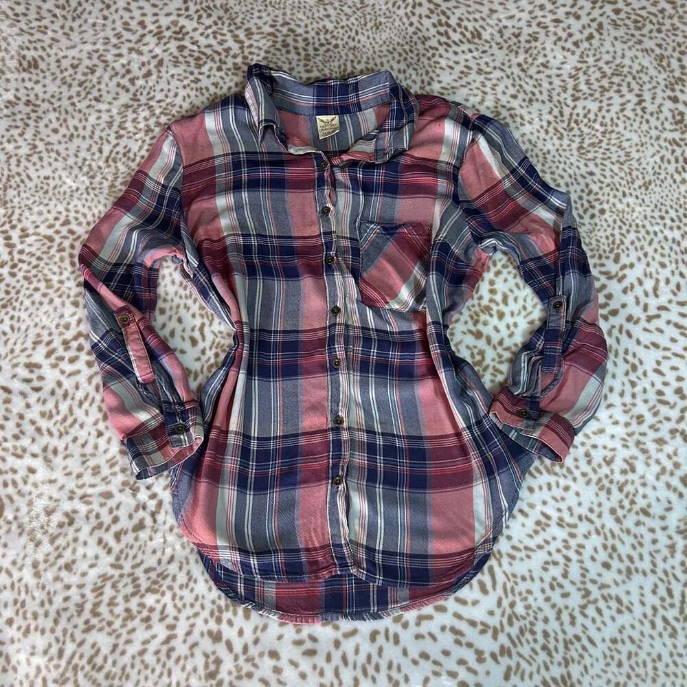 Faded Glory Plaid Long Sleeve Button Down Shirt Size M (8-10) Pink Blue